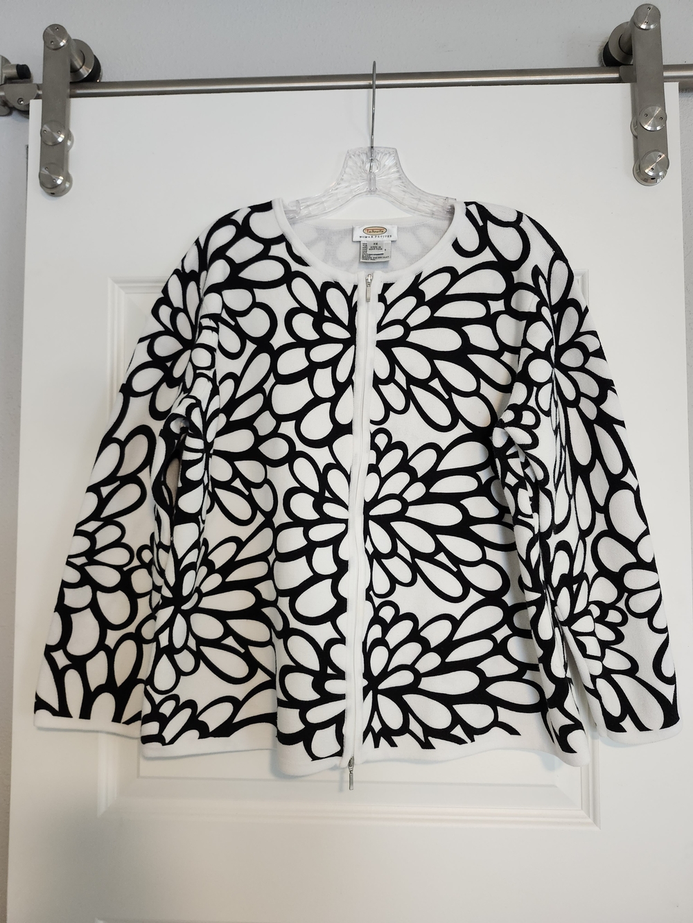 Talbots Black and White Floral Zip Cardigan